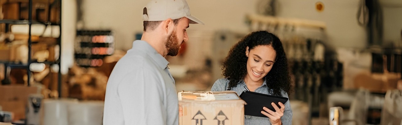 male delivery person delivering package to female business employee